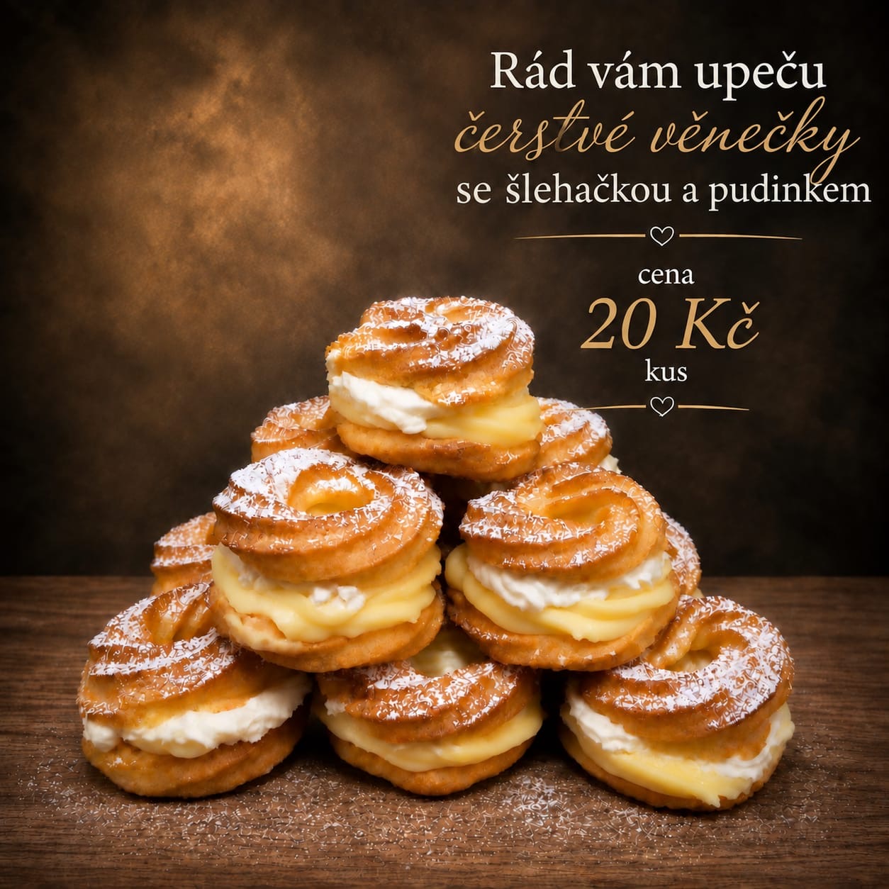 Věnečky se šlehačkou a pudinkem – 20 Kč za kus